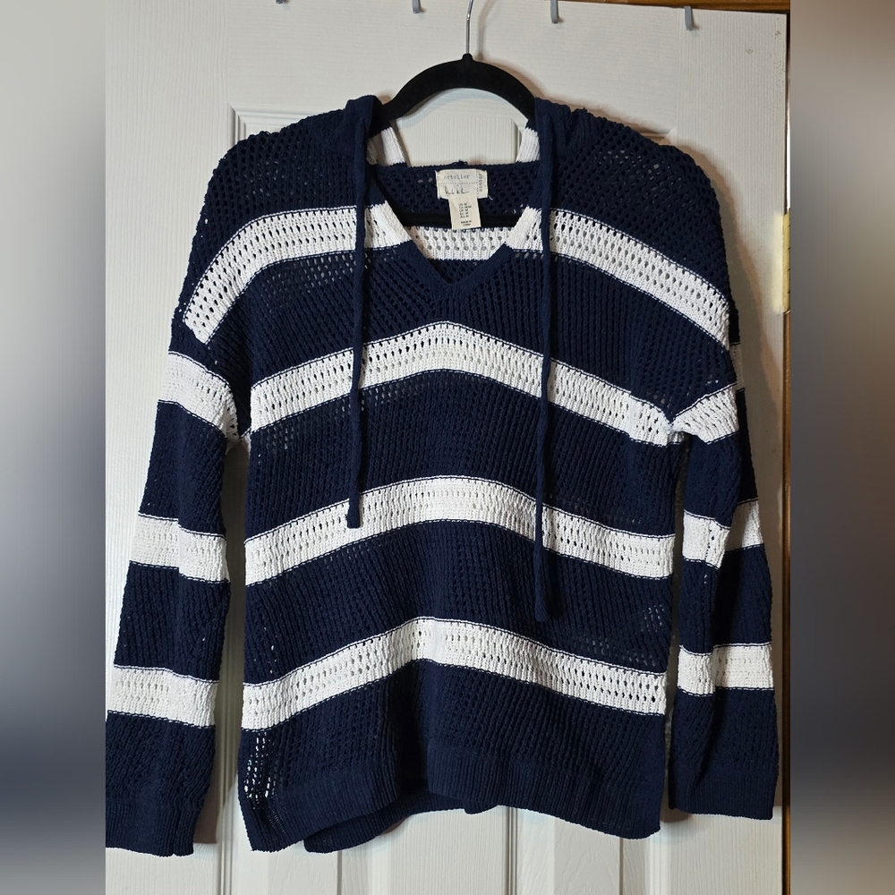 Women's M Navy and White Striped Crochet Knit Hoodie Sweater Beach Summer